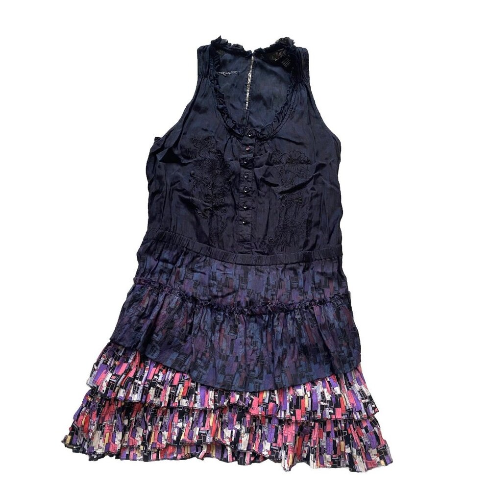 Desigual Dress 40 US 8 Medium Floral Embroidered Ruffle Black Blue Pink Graphic